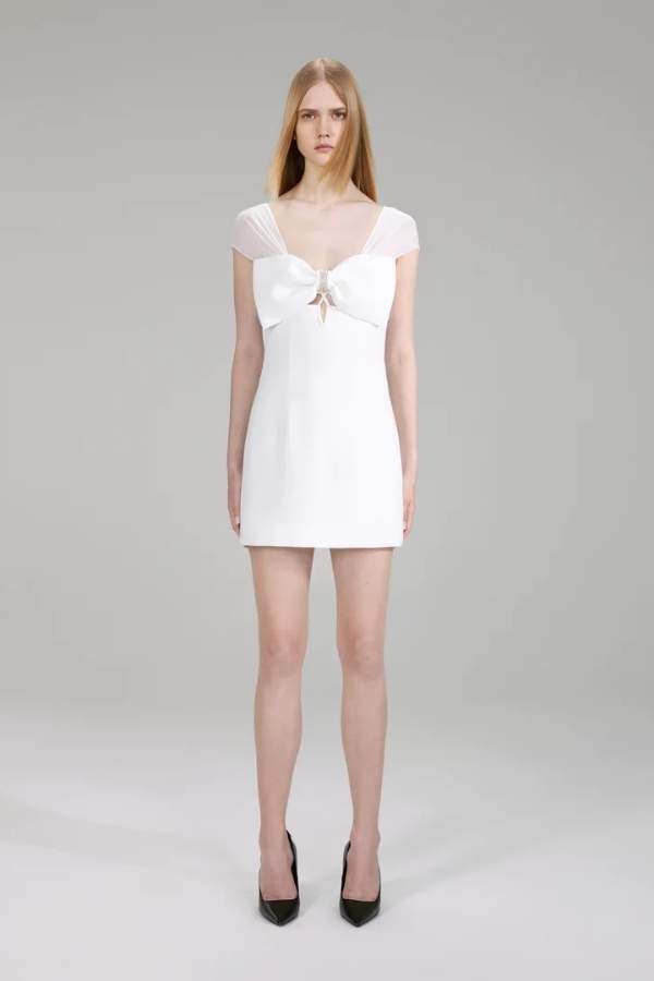 927 WHITE HEAVY CREPE BOW MINI DRESS