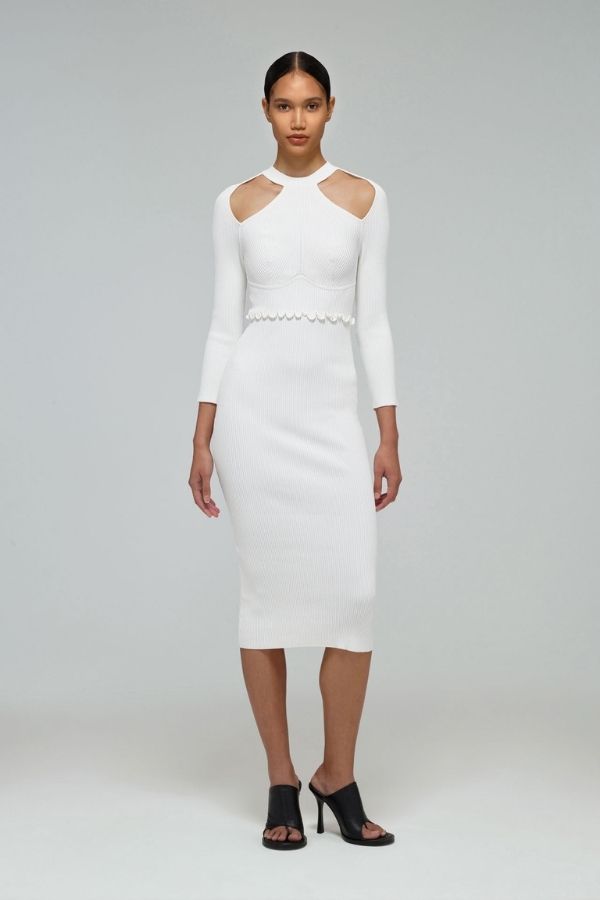 051 WHITE KNIT SCALLOP EDGE MIDI DRESS