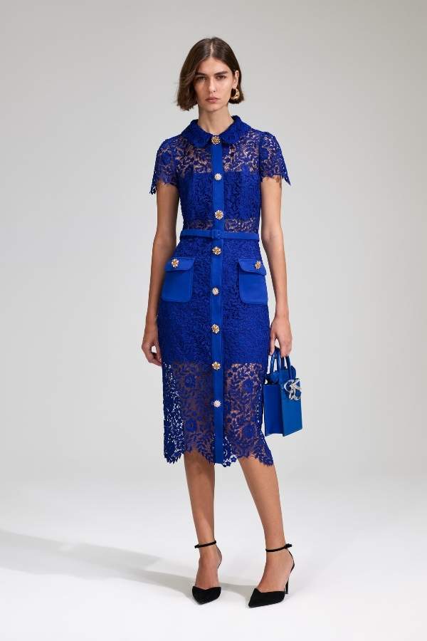 114M COBALT ROSE LACE BUTTON MIDI DRESS