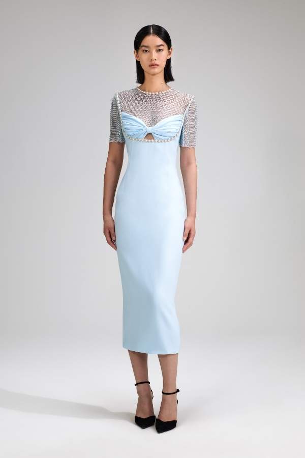 153M BLUE CREPE DIAMANTE MIDI DRESS