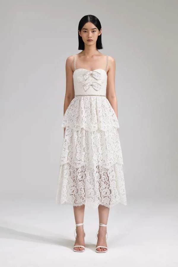 156M CREAM CORD LACE TIERED MIDI DRESS