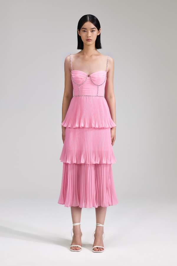 903M PINK CHIFFON TIERED MIDI DRESS