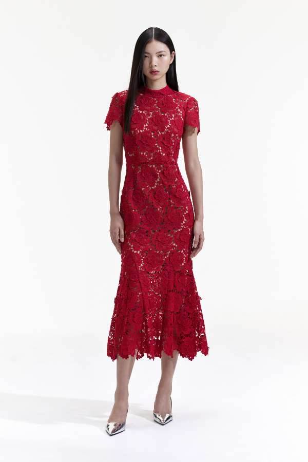 906MR RED FLOWER LACE MIDI DRESS