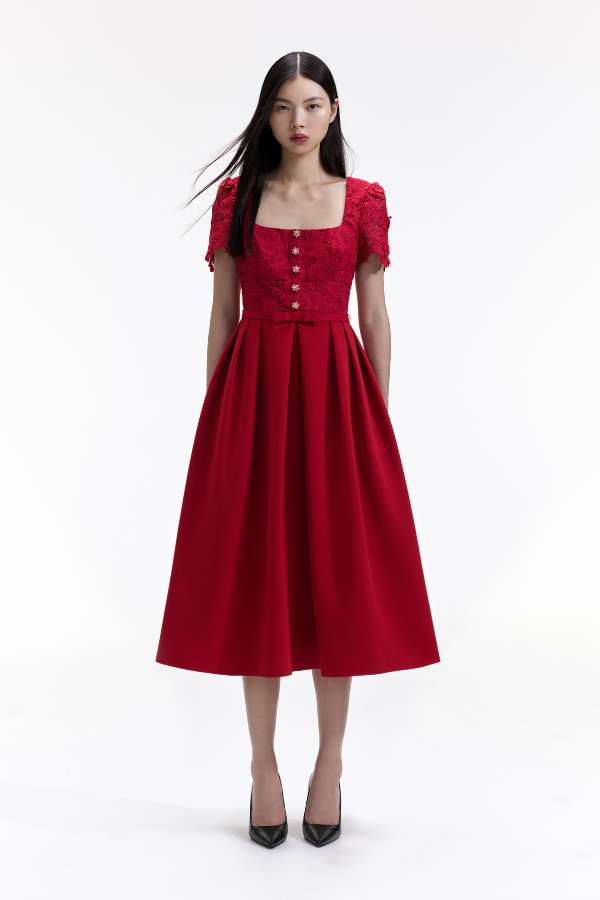 913MR RED LACE CREPE MIDI DRESS