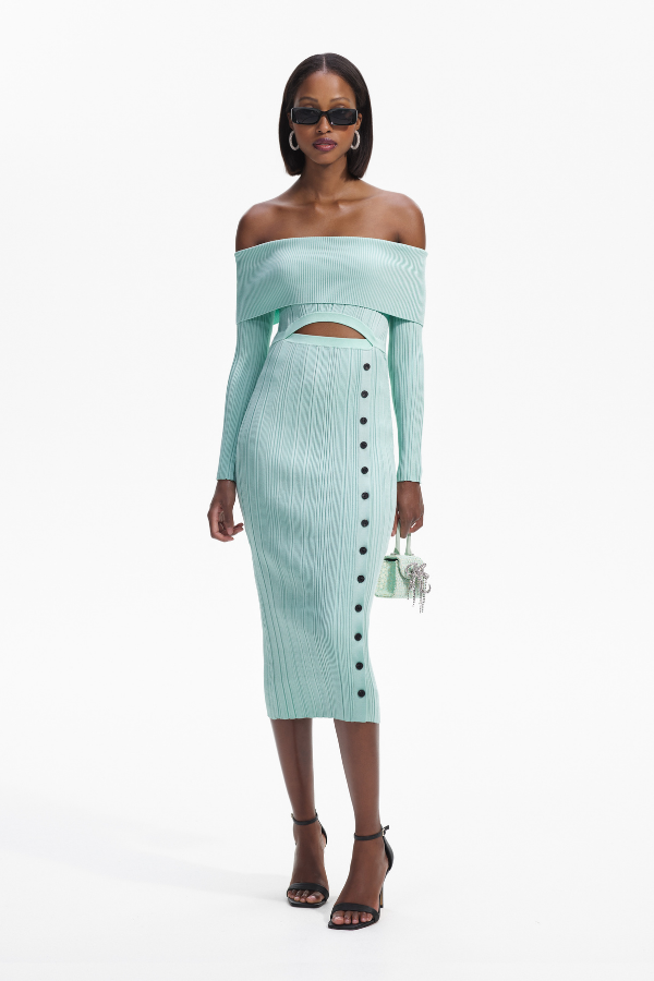 200MM MINT OFF SHOULDER KNIT MIDI DRESS