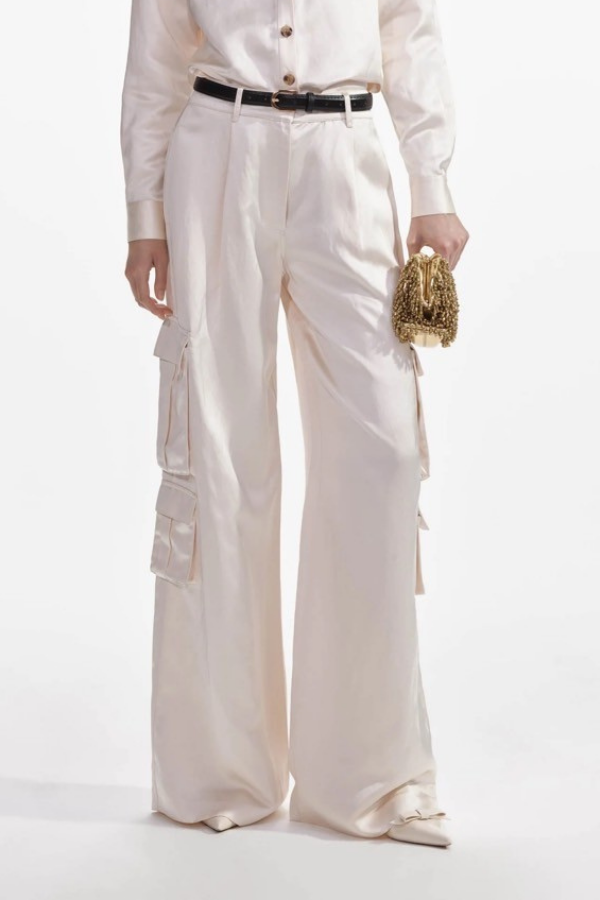 039P CREAM SATIN CARGO TROUSERS