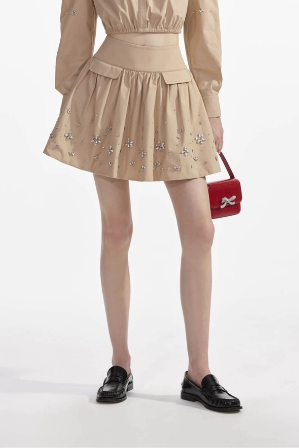 036S BEIGE COTTON EMBELLISHED MINI SKIRT