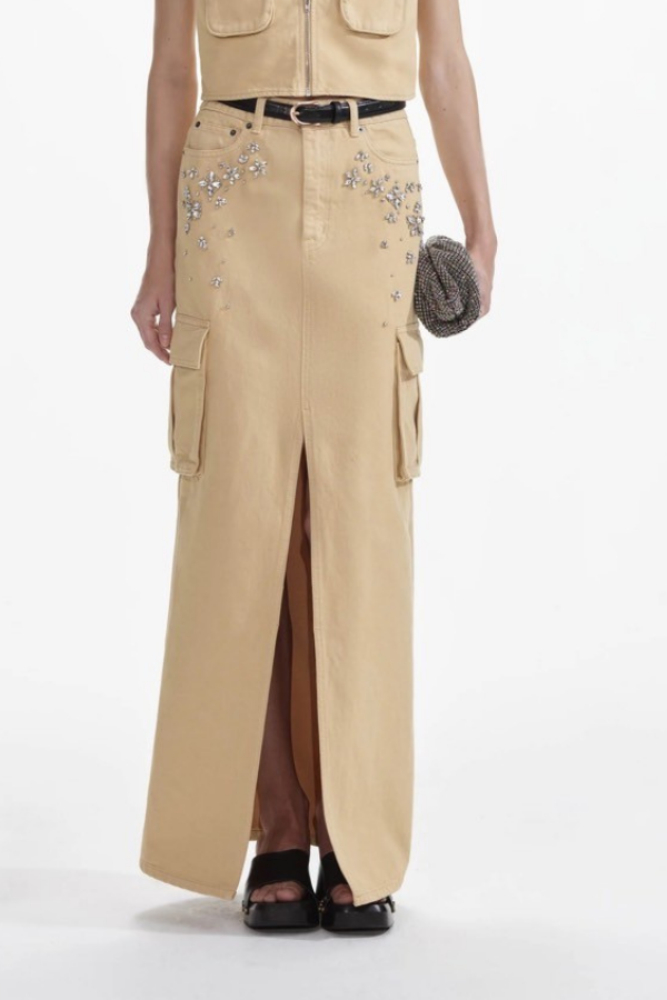 835X EMBELLISHED DENIM CARGO MAXI SKIRT