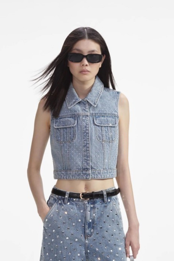 840T BLEACH WASH RHINESTONE DENIM TOP