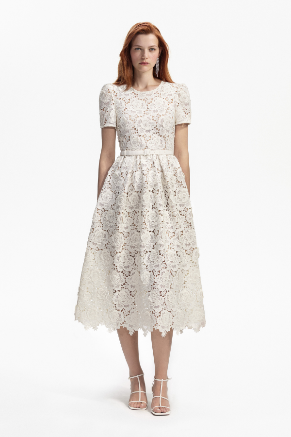 172M WHITE FLORAL LACE MIDI DRESS