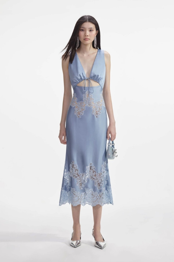 004M BLUE SATIN LACE INSERT MIDI DRESS