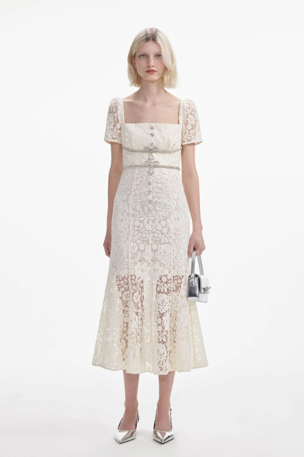 900M CREAM LACE DIAMANTE BOW MIDI DRESS