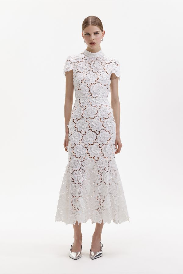 937MW WHITE 3D FLOWER LACE MIDI DRES