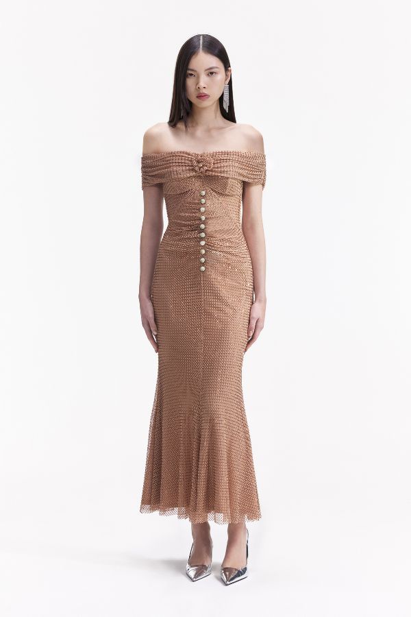 930MBR BRONZE RHINESTONE MIDI DRESS