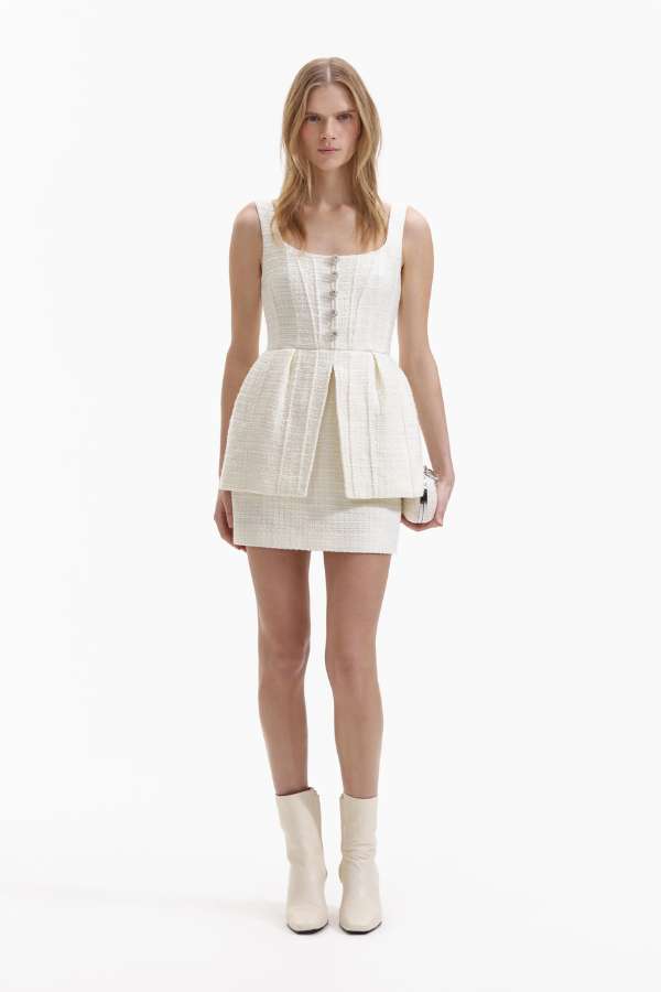 255SC CREAM BOUCLE PEPLUM MINI DRESS