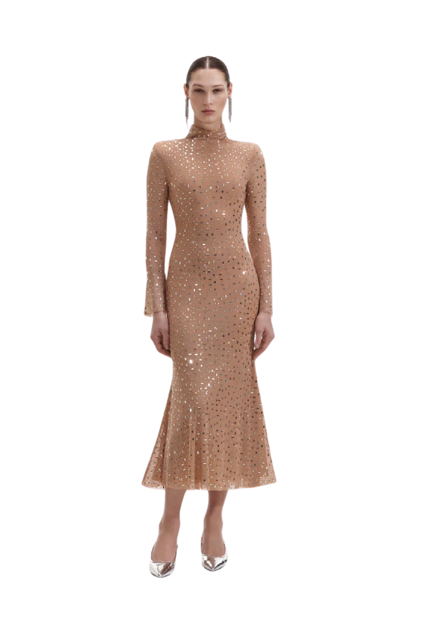 931MG GOLD SQUARE RHINESTONE MESH MIDI DRESS