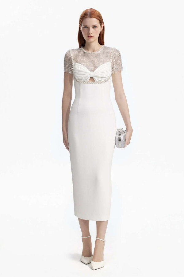 275MW WHITE CREPE DIAMANTE MIDI DRESS