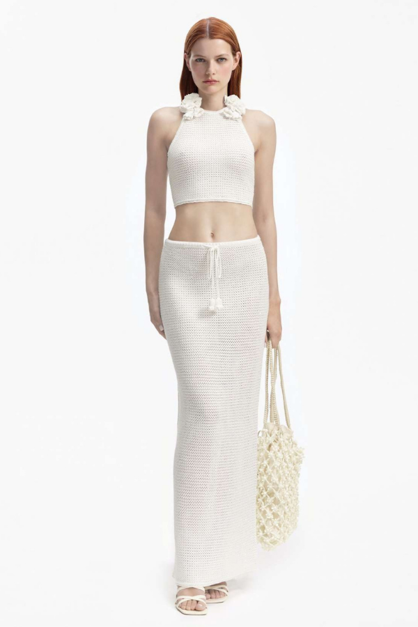 095MSKW WHITE CROCHET MIDI SKIRT