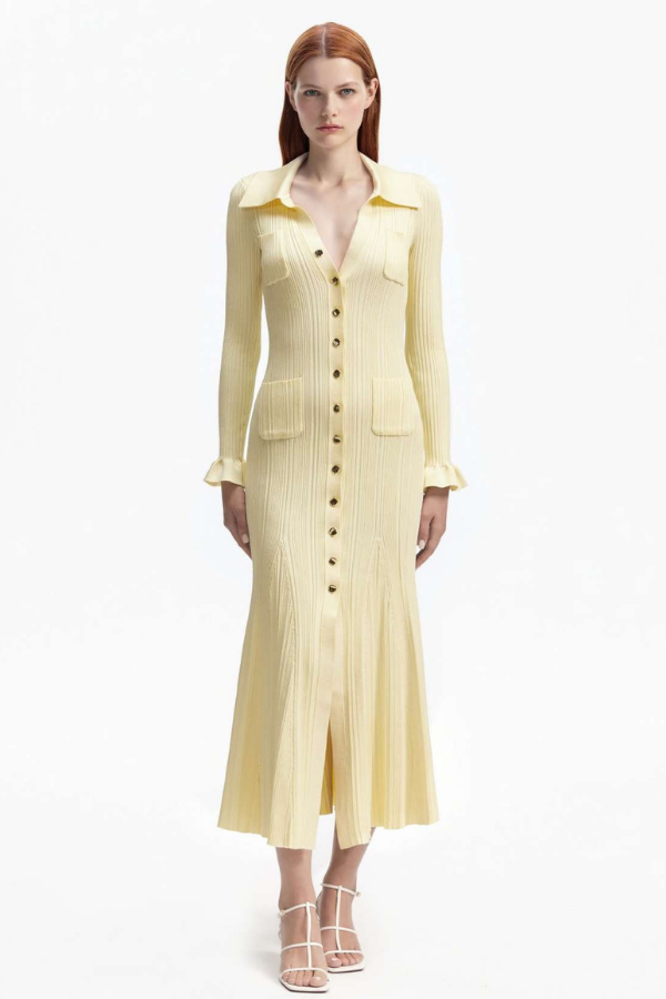 214MY YELLOW RIBBED VISCOSE KNIT MIDI DRESS