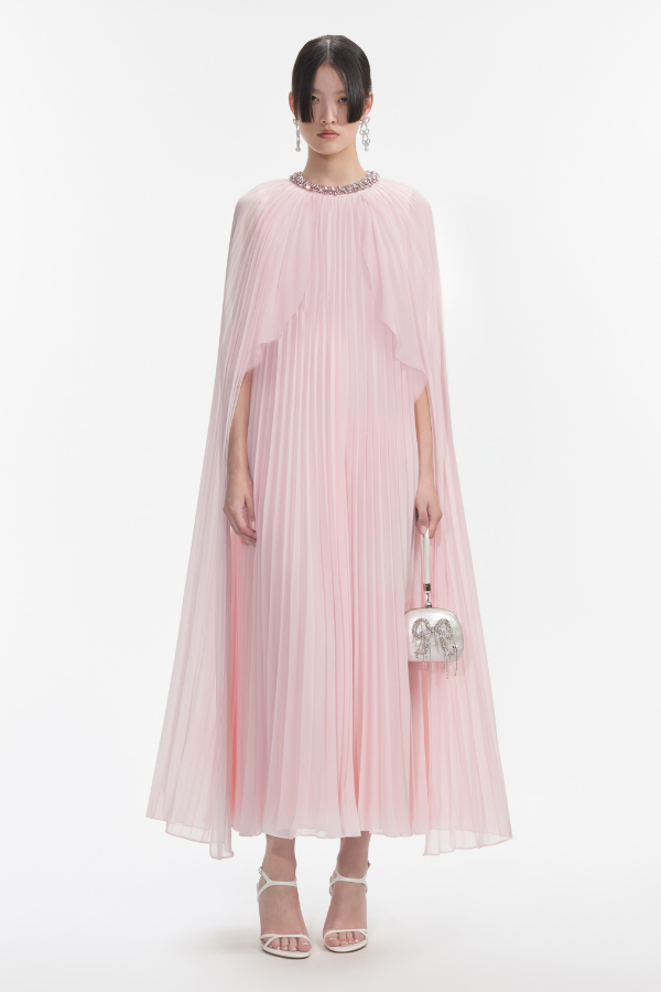 303M PINK CHIFFON CAPE MIDI DRESS