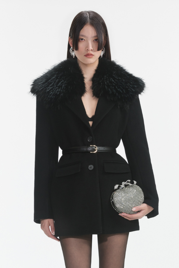 086C BLACK FAUX FUR COLLAR COAT