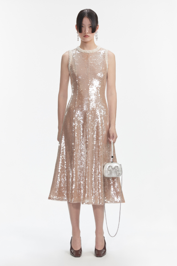 114M SEQUIN PEARL TRIM MIDI DRESS