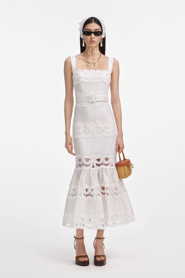 012M WHITE LINEN LACE INSERT MIDI DRESS