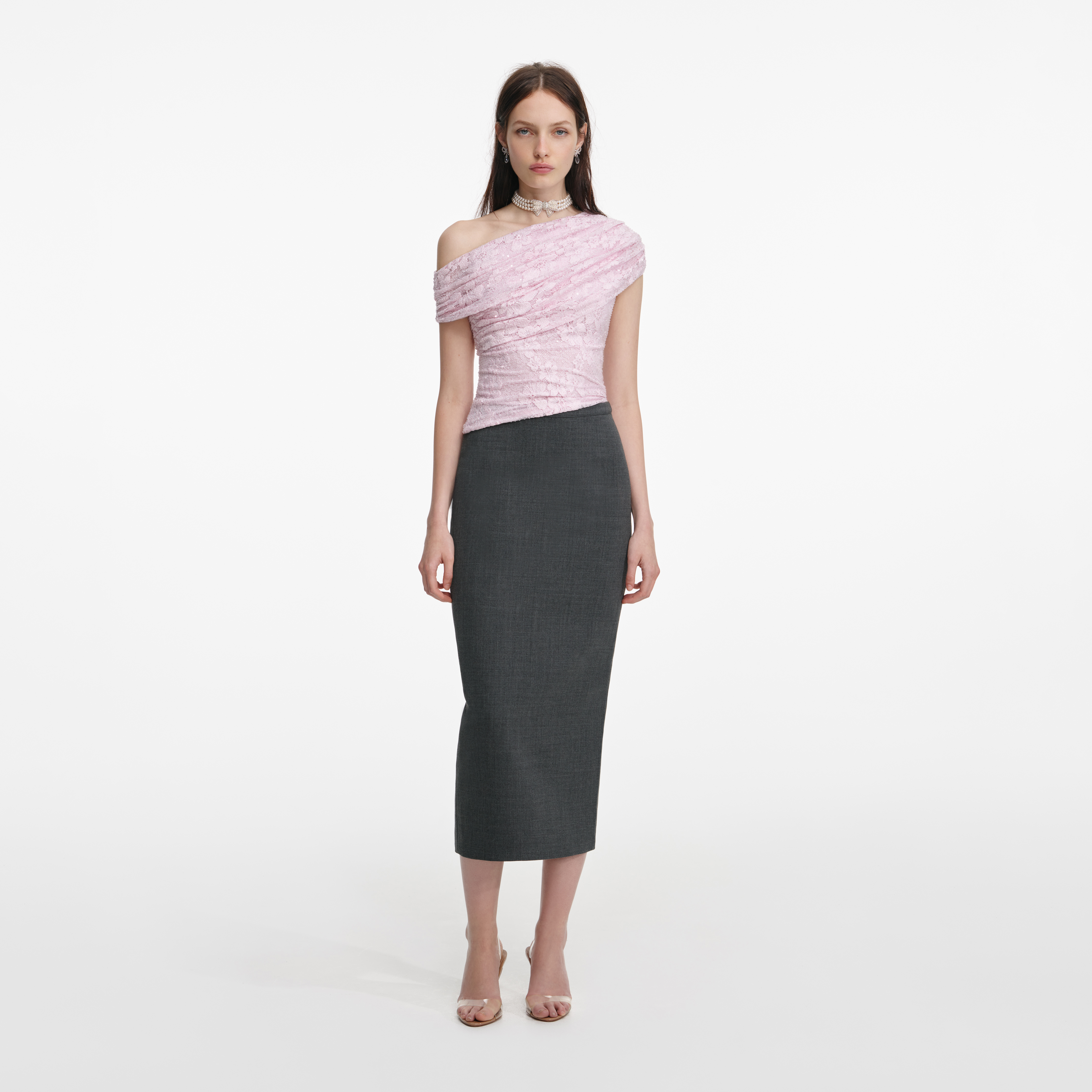 002T PINK RHINESTONE LACE DRAPE TOP