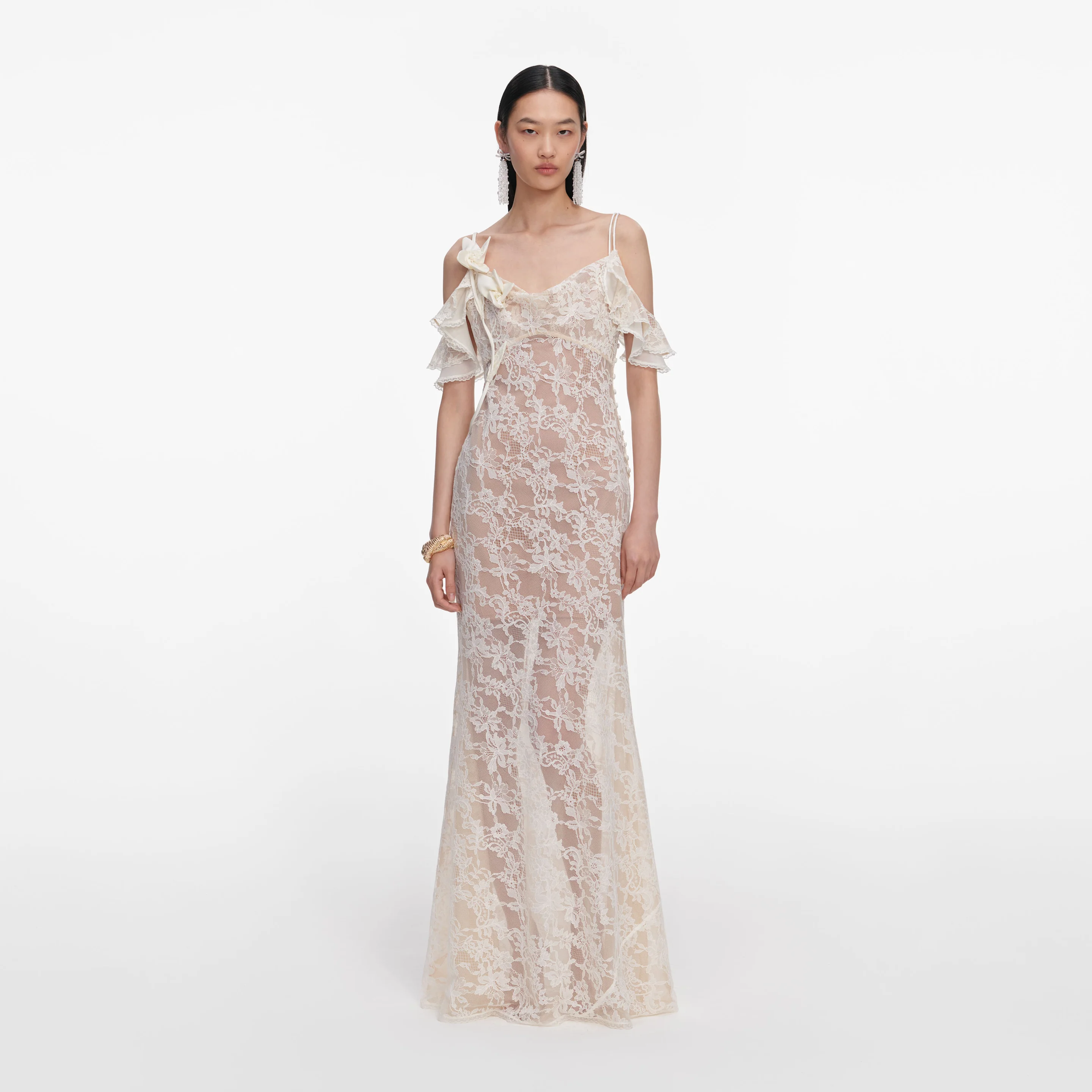 259X CREAM LACE FLOWER MAXI DRESS