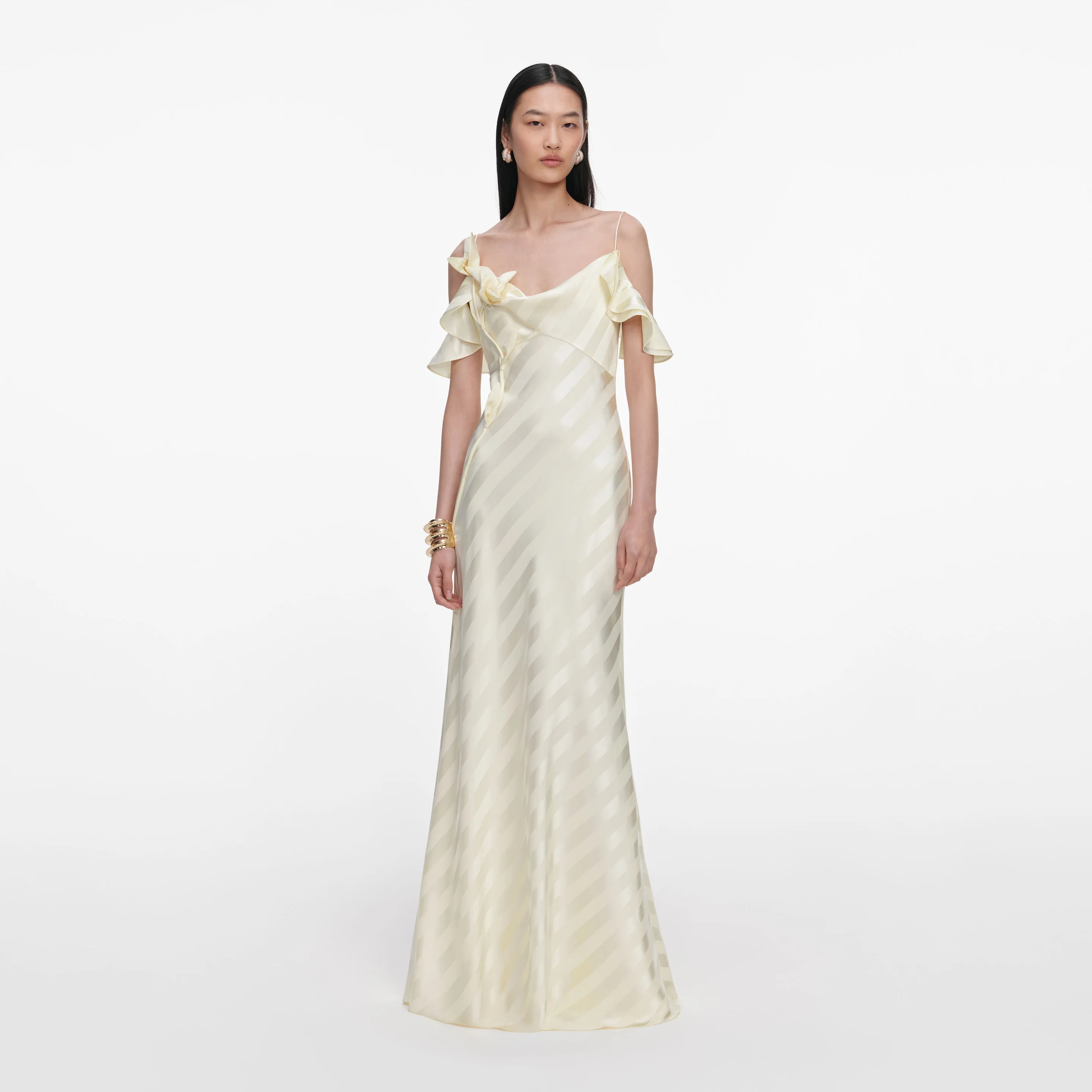 259XA YELLOW SATIN STRIPED MAXI DRESS