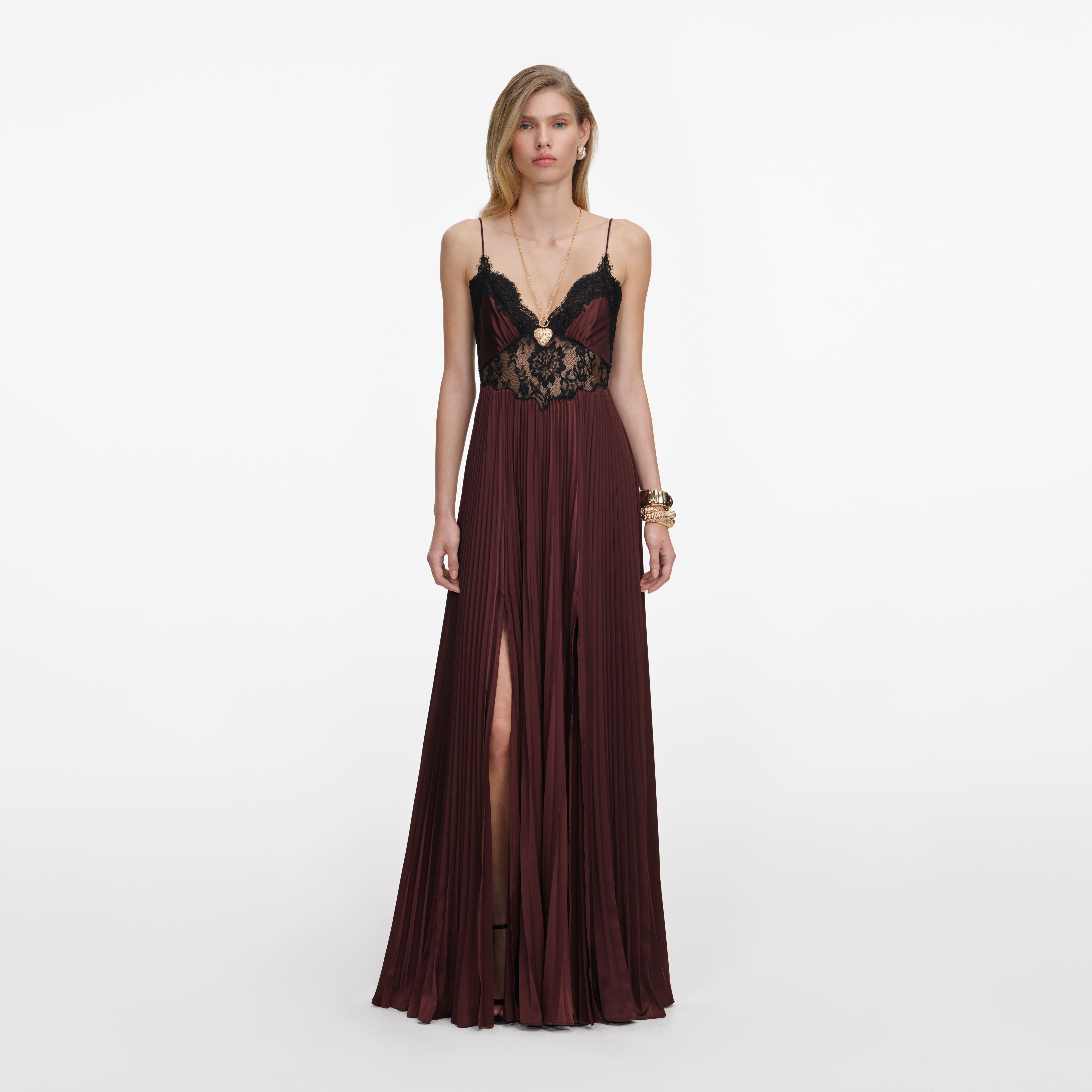 157X BROWN SATIN LACE INSERT MAXI DRESS