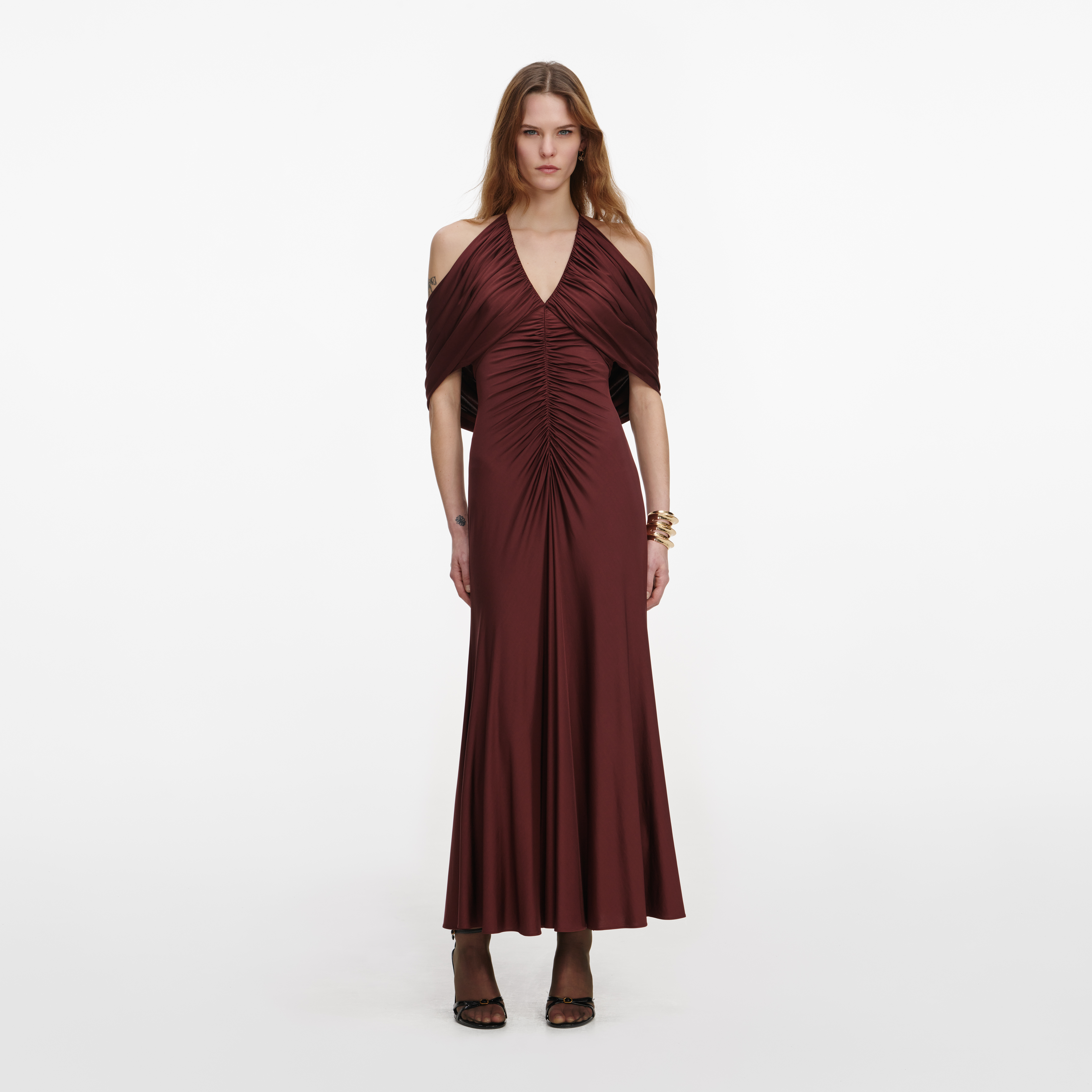 161M BROWN JERSEY DRAPE MIDI DRESS